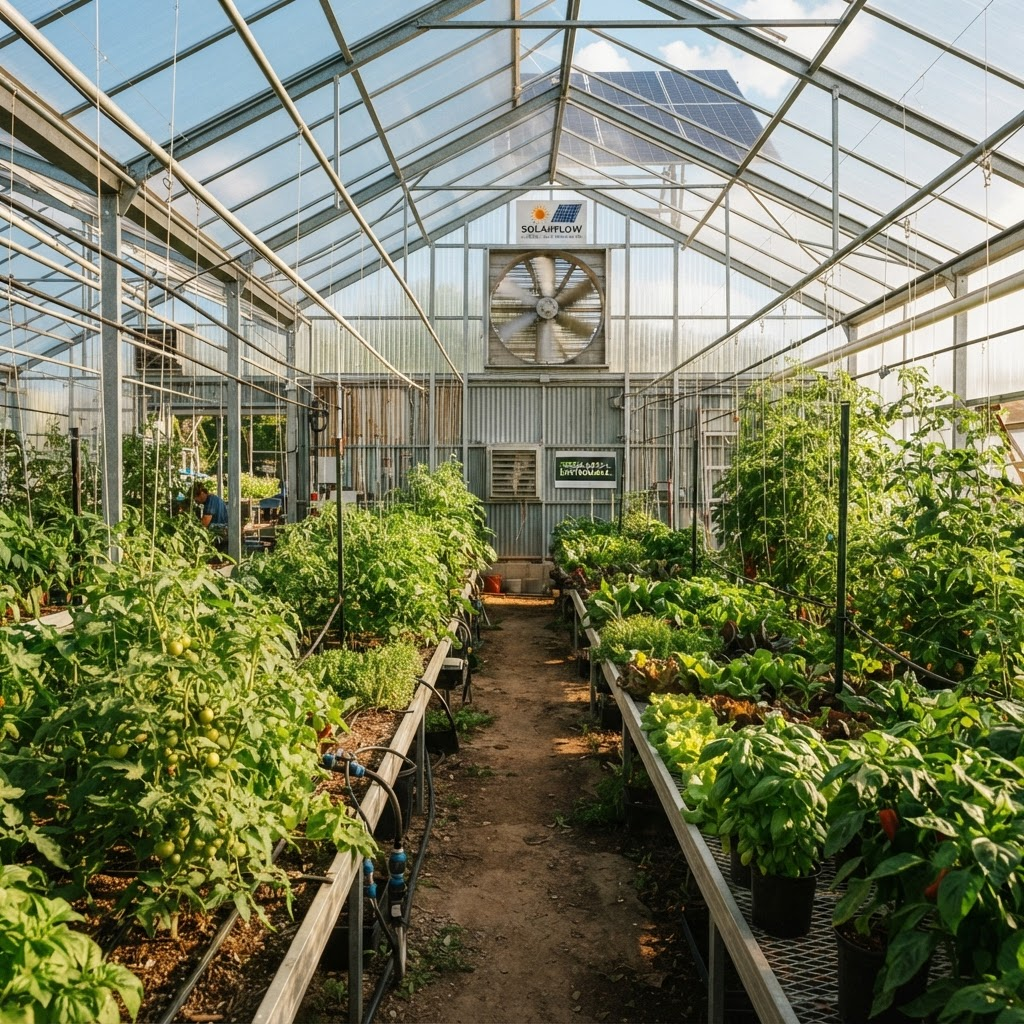 Interior of a thriving greenhouse with a solar exhaust fan