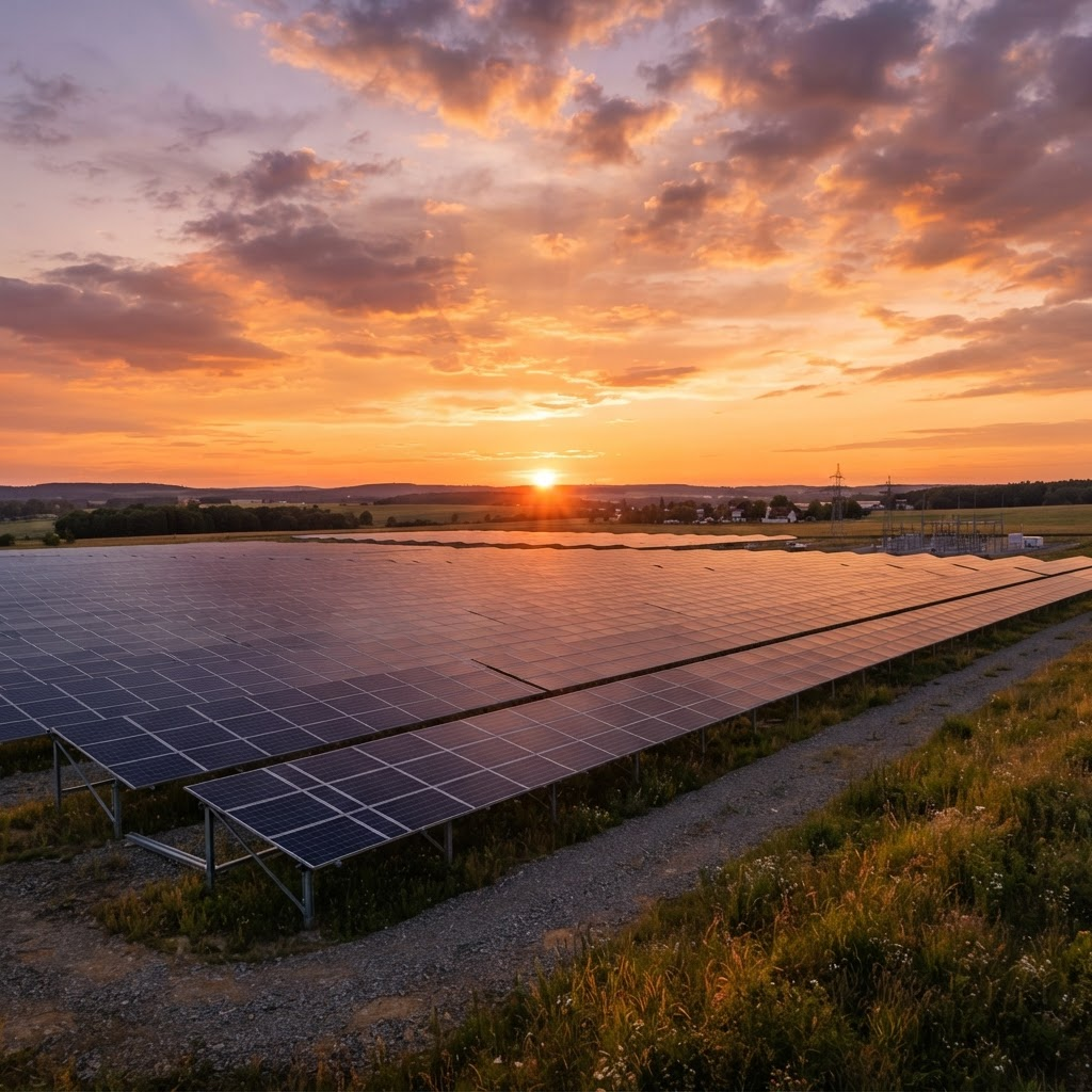 A commercial solar panel array with the sun setting and the sky lit up in sunset colors