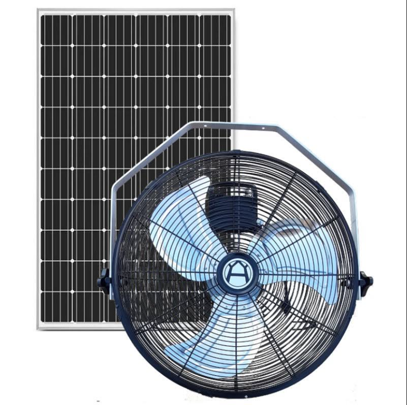 Solar Hanging Fan for Horses and Livestock shown with its rigid solar panel